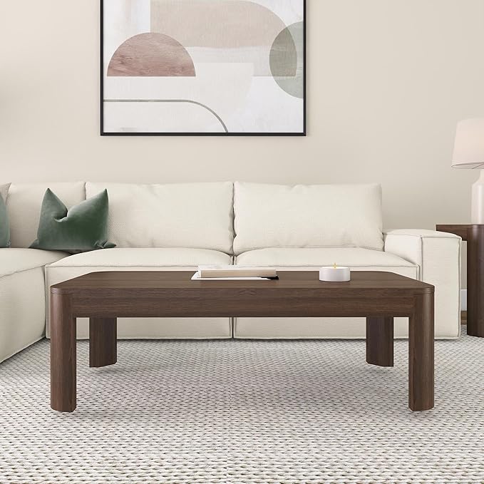 Plank+Beam Modern Rounded Coffee Table, 48 Inch, Solid Wood Contemporary Center Table for Living Room, Rectangle Tea Table, Walnut