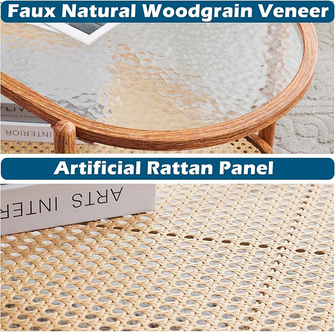 VINGLI 38" Rattan Oval Coffee Table, Water-Wave Glass Metal Center Table, Modern Coffee Table with 2-Tier Storage, Farmhouse Coffee Table for Living Room and Small Space, Natural Vibe