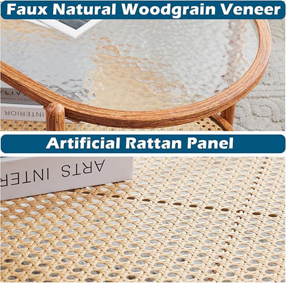 VINGLI 38" Rattan Oval Coffee Table, Water-Wave Glass Metal Center Table, Modern Coffee Table with 2-Tier Storage, Farmhouse Coffee Table for Living Room and Small Space, Natural Vibe