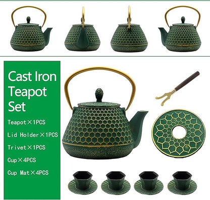 Cast Iron Tea Kettle Set, 33.8oz Hexagon Pattern Teapot Set with Cups and Cup Mats, Teapot Coated with Enameled Interior, Durable Cast Iron Teapot Set with Stainless Steel Infuser
