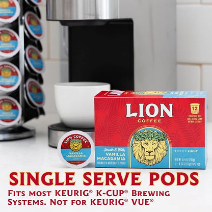 Lion Coffee Vanilla Macadamia Flavored Medium Roast Coffee Pods - Single-Serve Pods - Hawaiian Inspired Flavor - Arabica Coffee - Compatible with Single-Serve Brewing Systems - 12 Count Box