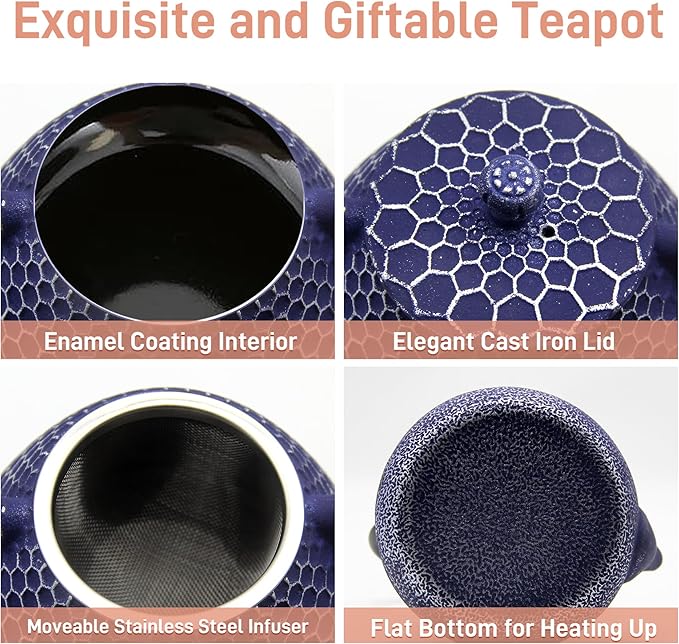 20.3oz Cast Iron Teapot, Small Tea Kettle for Stovetop Safe With Enameled Interior, Stainless Steel Infuser for Loose Tea (Blue Honeycomb Pattern)