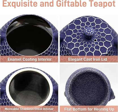 20.3oz Cast Iron Teapot, Small Tea Kettle for Stovetop Safe With Enameled Interior, Stainless Steel Infuser for Loose Tea (Blue Honeycomb Pattern)