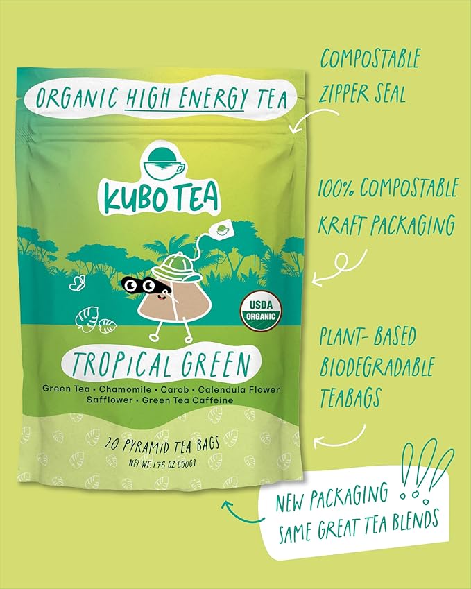 High Caffeine Tea (155 mg) - Kubo Tea: Organic Tropical Green Tea Bags for Clean Energy & Focus | Healthy Coffee Substitute | Refreshing Caffeine Blend | 20 Ct | Compostable Packaging