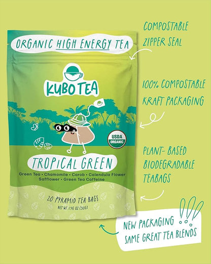 High Caffeine Tea (155 mg) - Kubo Tea: Organic Tropical Green Tea Bags for Clean Energy & Focus | Healthy Coffee Substitute | Refreshing Caffeine Blend | 20 Ct | Compostable Packaging