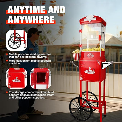 Portable Popcorn Machine with Cart & Wheels, 10 Oz Commercial Popcorn Maker with Kettle, Includes 3 Measuring Spoons for Home Theater, Parties, Events