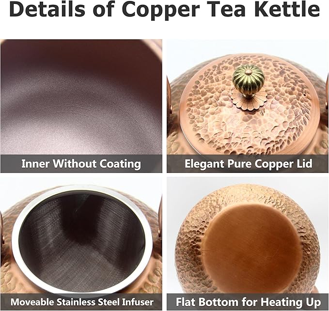 YJX Copper Tea Kettle For Stovetop, Japanese Style Non-Coating Pure Copper Teapot with Stainless Steel Infuser For Loose Tea, Large and Solid Tea Pot For 3-7 Cups (2000ml)