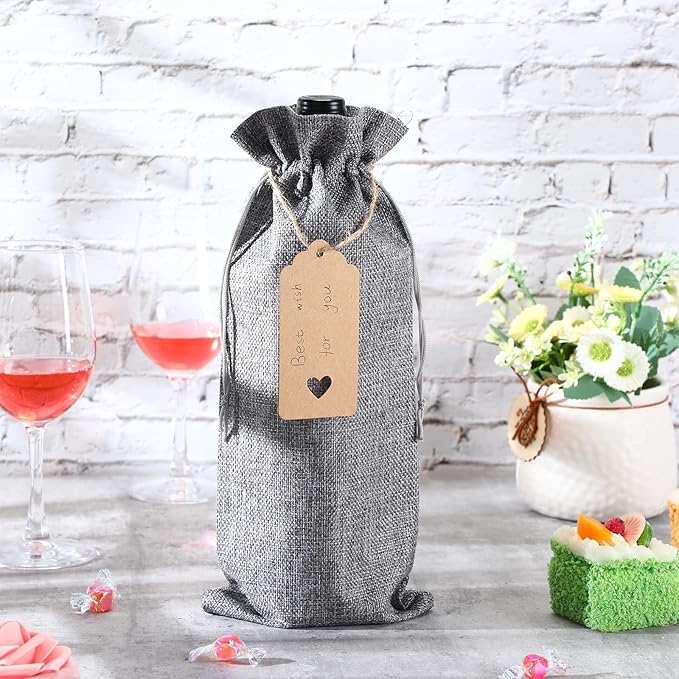 Windyun 100Pcs Burlap Wine Bags Drawstring Wine Bottle Gift Sacks with Tags 5.9 x 13.8 Inch Jute Burlap Plain Wine Bags for Wedding Birthday Blind Tastings Christmas Travel Party (Gray)