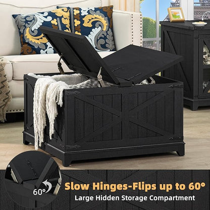 Farmhouse Coffee Table with Hidden Storage Organizer, Black Square Large Center Table, Wood Farm House Low Modern Living Room Tables with Hinged Lift Top for Home, Office