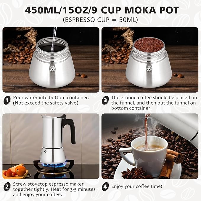 Stovetop Espresso Maker Stainless Steel Moka Pot, 9 cup Espresso Coffee Pots 450ml/15oz(Espresso Cup=50ml)/1.7oz, Italian Coffee Maker for Induction Cookers Hobs, Cafe Maker for Camping Home