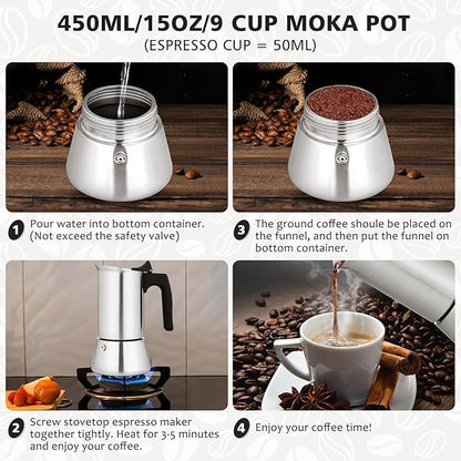 Stovetop Espresso Maker Stainless Steel Moka Pot, 9 cup Espresso Coffee Pots 450ml/15oz(Espresso Cup=50ml)/1.7oz, Italian Coffee Maker for Induction Cookers Hobs, Cafe Maker for Camping Home