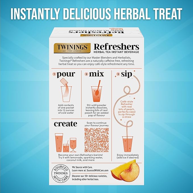 NEW Twinings Peach Mango Refreshers, Herbal Tea Instant Beverage with Real Peach Fruit Bits, 5 Count (Pack of 6), Café Style, No Artificial Sweeteners, Naturally Caffeine-Free Refreshment, 30 Packets