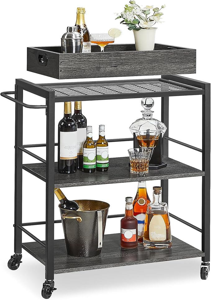VASAGLE Kitchen Serving Cart with Removable Tray, 3-Tier Kitchen Utility Cart on Wheels with Storage, with Brakes, Leveling Feet, 15.7 x 28.3 x 33.9 Inches, Charcoal Gray and Black ULRC072B04