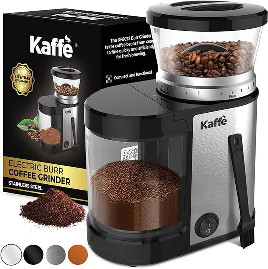 Kaffe Electric Burr Coffee Grinder (5.5oz) w/Adjustable Precise Coarseness Settings - Flat Burr - [Improved Motor] - Precision Coffee Bean Grinder for Home Use - Stainless Steel