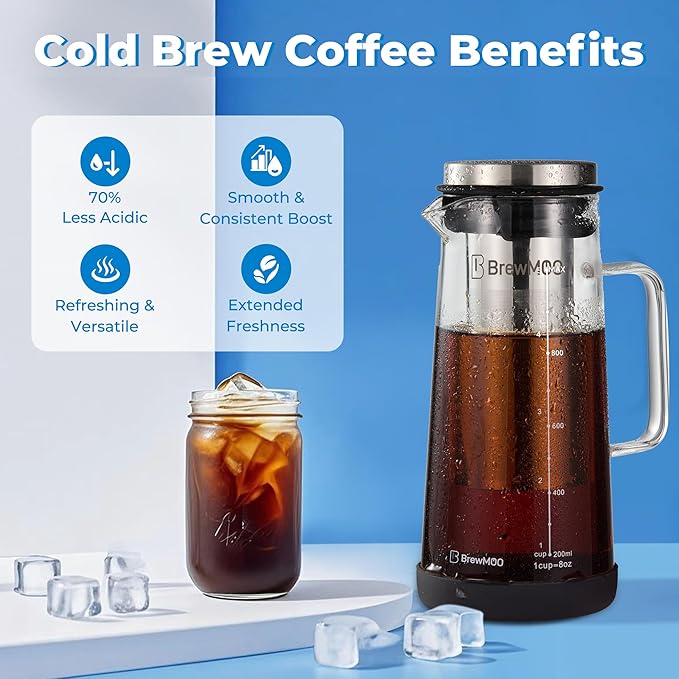 BrewMOO- Airtight Cold Brew Coffee Maker Pitcher, 1.0L/34Oz Thick Glass Carafe with Filter, Comfort Sturdy Handle & Wide Spout, Non-Slip Base | Iced Tea Maker (Black)