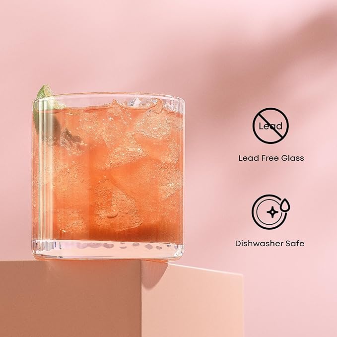 JoyJolt Elle 10oz Double Old Fashioned Whiskey Glasses - Set of 2, Lead-Free Glassware, Dishwasher Safe, Vintage Style Drinking Glasses