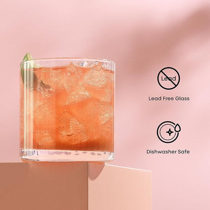 JoyJolt Elle 10oz Double Old Fashioned Whiskey Glasses - Set of 2, Lead-Free Glassware, Dishwasher Safe, Vintage Style Drinking Glasses