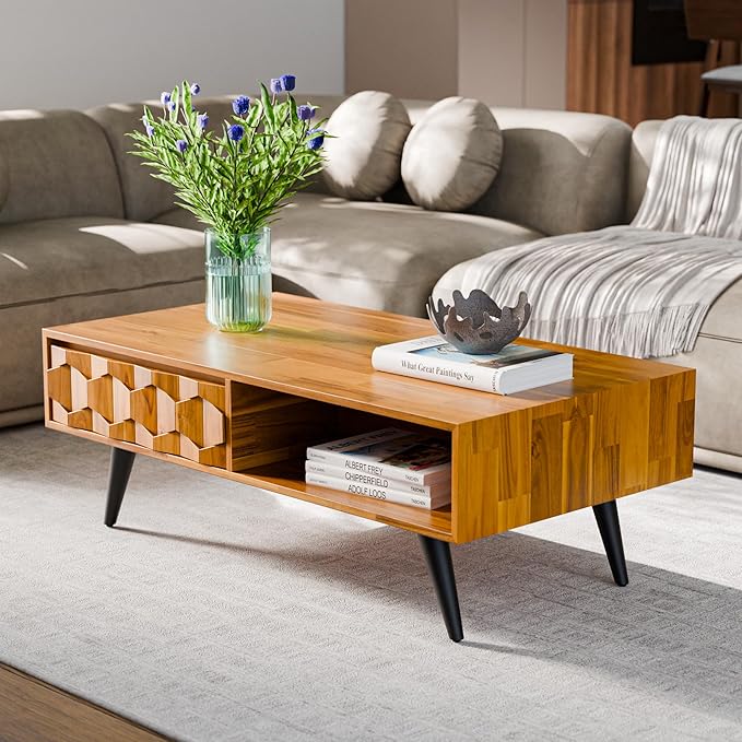 Bme Georgina Solid Wood Coffee Tables for Living Room, Coffee Table Mid Century Modern with 2 Symmetrical Storage Drawers & Geometric Details, Fully Assembled Center Table, Teak Brown