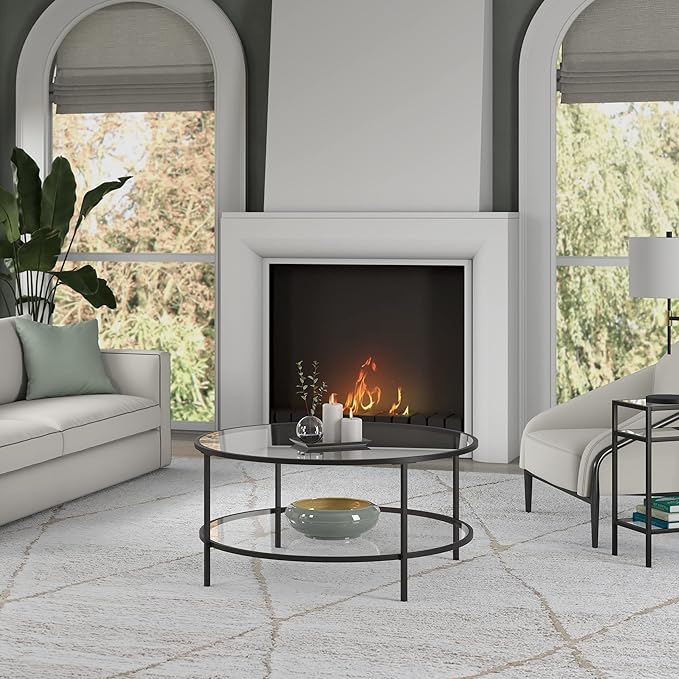 Henn&Hart 36" Round Coffee Table with Glass Top and Glass Open Storage Shelf for Living Room, Family Room, Office, or Apartment, Blackened Bronze