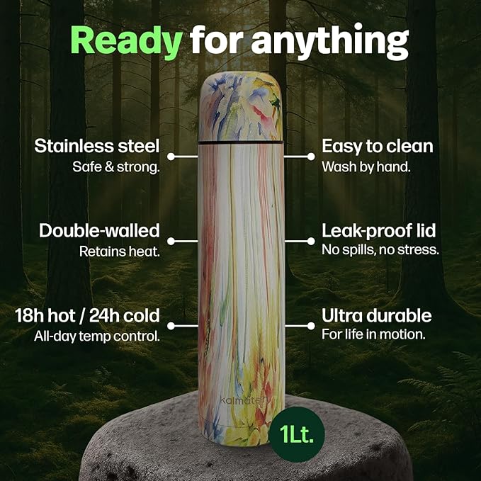 KALMATEH Modern & Elegant Double Walled Vacuum Insulated Stainless Steel Thermo Bottle 1000 ml, Precise Pouring & Heat Retention For Yerba Mate, Coffee, Tea, and Camping