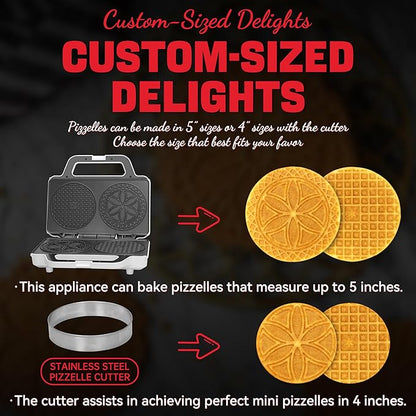Pizzelle Maker Electric, Non-stick Stroopwafel Iron, 2 X 5" Cookie Machine for Christmas, 4" Mold Included, White