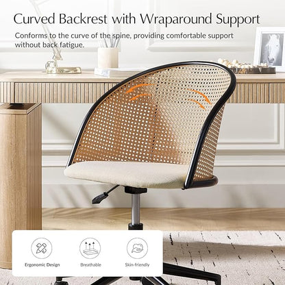 HULALA HOME Rattan Home Office Desk Chair with Curved Backrest, Caster Wheels, Height Adjustable, Accent Task Computer Chair for Home Work, Conference, Dining Room, Linen