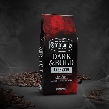 Community Coffee Dark & Bold Espresso Roast, Extra Dark Roast Ground Coffee, 12 Ounce Bag (Pack of 2)