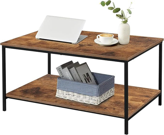 SENIG Small Brown Rectangle Wood and Metal Coffee Table with Storage Shelf for Small Living Rooms