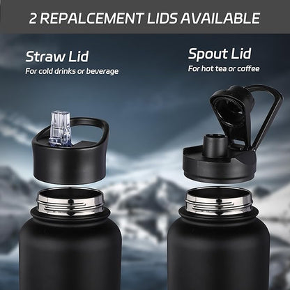HASLE OUTFITTERS 32 oz Insulated Water Bottle Stainless Steel Double Walled Vacuum Sports Water Bottle with 2 Lids (Straw and Spout Lid) for Gym Camping Hiking(Black,1)