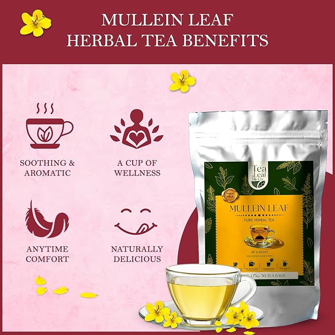 Tealeaf & Co. Mullein Leaf Tea Blended with Fresh Herbs - Pure Herbal Tea Bags with Mullein Leaf Extract - Flavored Herbal Blend - Low Caffeine - Gluten Free - 50 Teabags