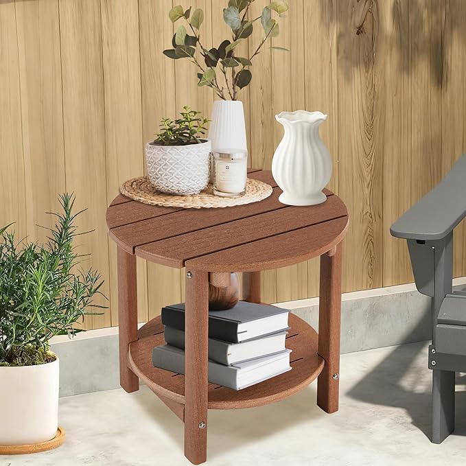 LZRS Round Adirondack Side Table Double End Table, Outdoor Side Tables for Patio, Backyard,Pool, Indoor Companion, Easy Maintenance & Weather Resistant(Brown)