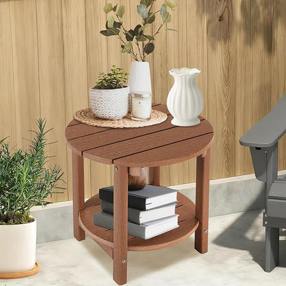 LZRS Round Adirondack Side Table Double End Table, Outdoor Side Tables for Patio, Backyard,Pool, Indoor Companion, Easy Maintenance & Weather Resistant(Brown)