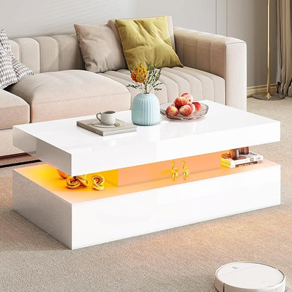 AMERLIFE High Gloss LED Coffee Table, Modern 2-Tier Center Table with LED Lights, Open Storage Space, 40in Simple Rectangular Sofa Side Table for Living Room, White