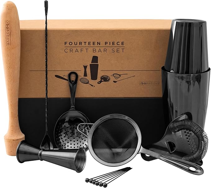 A Bar Above 14-Piece Matte Black Bartender Kit, Modern Bar Tool Set for Home Mixologists and Pros, Includes Black Stainless Steel Cocktail Shaker, Jigger, Strainers, Spoon, Picks, and Bar Accessories