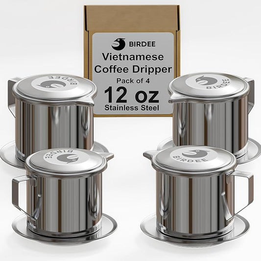 Birdee Vietnamese Coffee Dripper - 12oz (Pack of 4), Stainless Steel, Medium Drip Filter, Durable, Dishwasher Safe, Home Use, Travel, Camping, Gift Sets