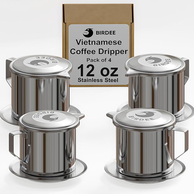Birdee Vietnamese Coffee Dripper - 12oz (Pack of 4), Stainless Steel, Medium Drip Filter, Durable, Dishwasher Safe, Home Use, Travel, Camping, Gift Sets