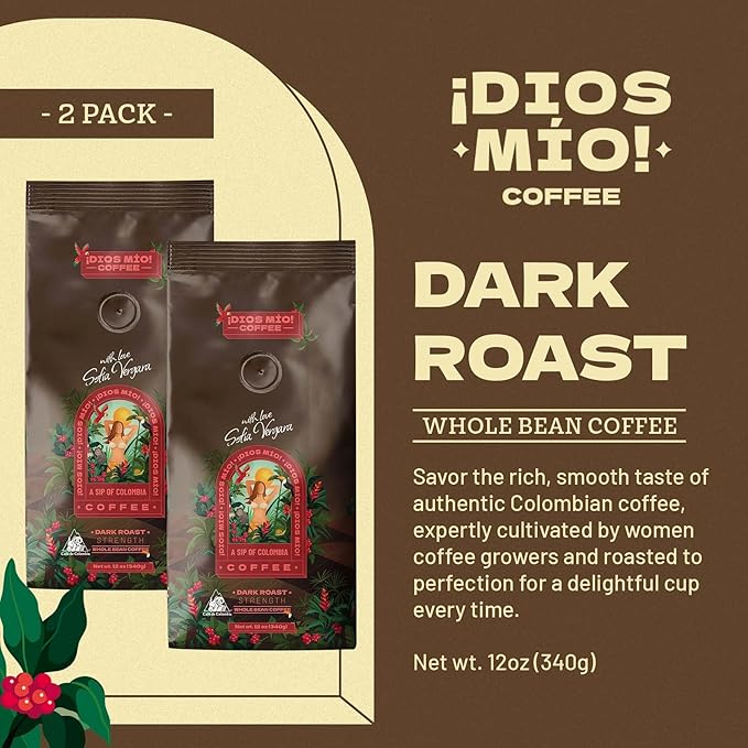 Dios Mio Coffee by Sofia Vergara, Dark Roast, Whole Bean Premium Colombian Coffee, 12 Ounce Bag (Pack of 2)