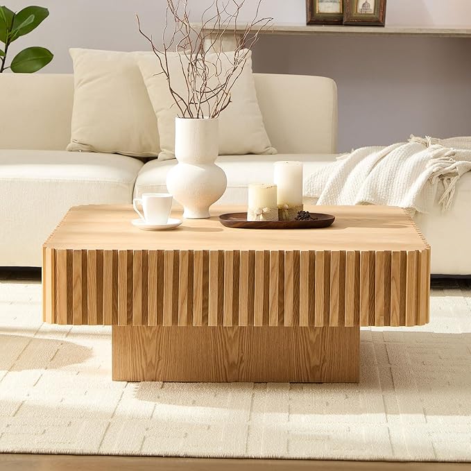KEVINSPACE Square Wood Coffee Table, Fluted CoffeeTable Handcraft Drum TeaTable CenterTable for Living Room, Modern Wooden CocktailTable for Small Space, Easy Assembly 35.43" 15.75" H ASH