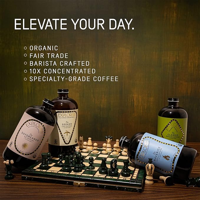 Explorer Cold Brew Organic Liquid Coffee Concentrate, Seeker Low Caffeine, Drink Iced or Hot, 32 fl oz, Makes 20+ Cups