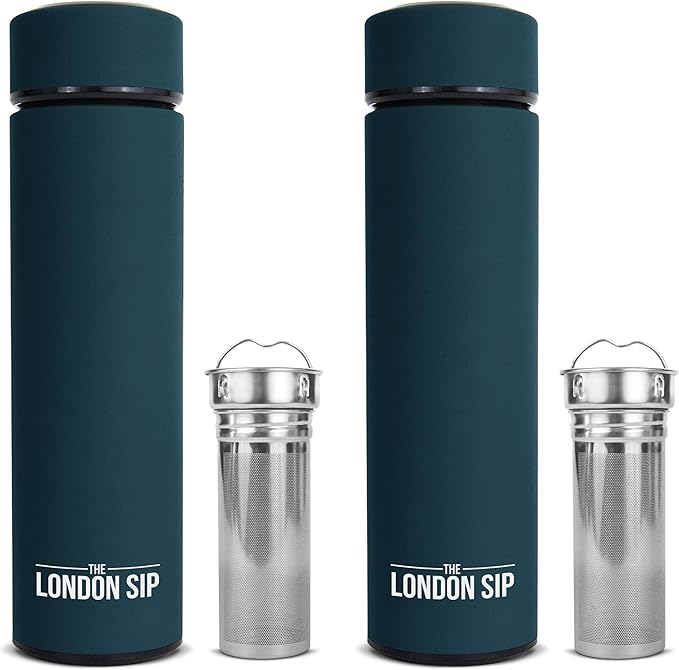 London Sip Multi-Purpose Travel Mug and Tumbler Fruit Infused Flask Hot and Cold Double Wall Stainless Steel Thermos with Extra-Long Infuser, Midnight Teal, Pack of 2