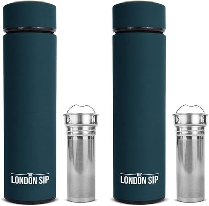 London Sip Multi-Purpose Travel Mug and Tumbler Fruit Infused Flask Hot and Cold Double Wall Stainless Steel Thermos with Extra-Long Infuser, Midnight Teal, Pack of 2