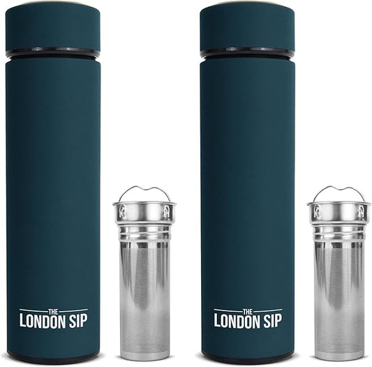 London Sip Multi-Purpose Travel Mug and Tumbler Fruit Infused Flask Hot and Cold Double Wall Stainless Steel Thermos with Extra-Long Infuser, Midnight Teal, Pack of 2