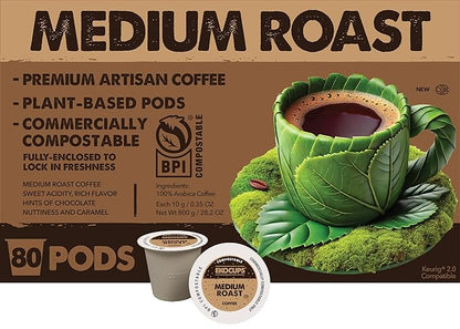 Ekocups Medium Roast Coffee Pods – 80 Count – Compostable, Plant-Based & Freshness-Sealed – French Press-Quality Brew – K-Cup Brewer Compatible