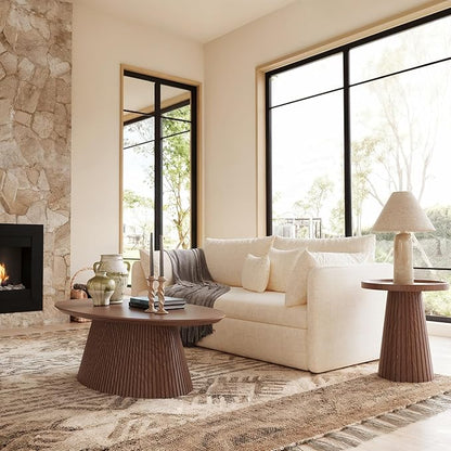 win2win Oval Coffee Table, Mid Century Modern Coffee Table with Fluted Design, Small Funky Tea Table with Wood Grain Veneer, Minimalist Center Table for Living Room, Apartment, Office, Walnut