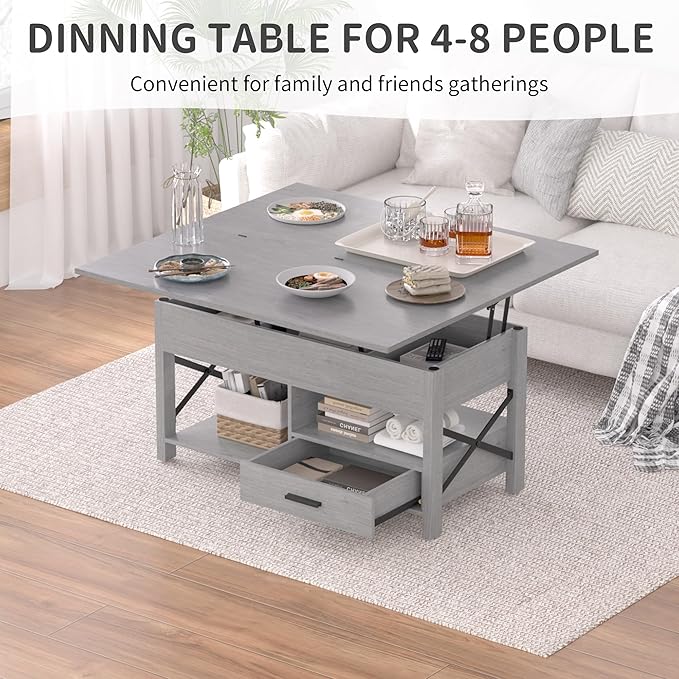 Lift Top Coffee Table with Storage, Grey Lift Top Coffee Table with Drawers and Hidden Compartment, Multi-Functional Center Table, Lift Tabletop Dining Center Table for Home Living Room Office