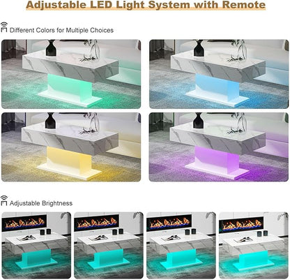 Led Coffee Table for Living Room, Living Room Table Rectangular Center Table, Modern High Glossy Wooden Coffee Tables with 16 Colors LED Lights for Dining Reception Room, White Marble