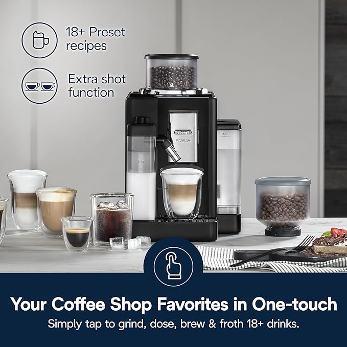 De'Longhi Rivelia Automatic Espresso Machine with Grinder & Milk Frother – All-in-One Coffee Maker, Hot & Iced Latte, Cappuccino, Bean Switch System, Burr Grinder, Compact Italian Design, Black