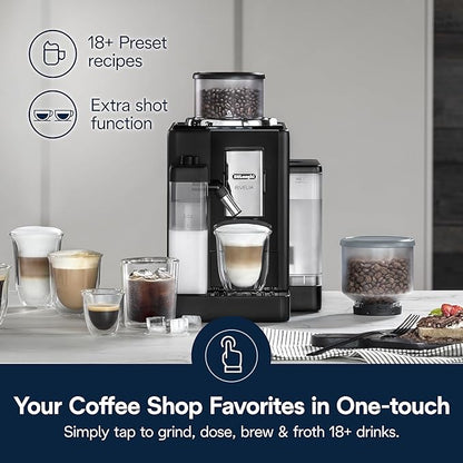 De'Longhi Rivelia Automatic Espresso Machine with Grinder & Milk Frother – All-in-One Coffee Maker, Hot & Iced Latte, Cappuccino, Bean Switch System, Burr Grinder, Compact Italian Design, Black