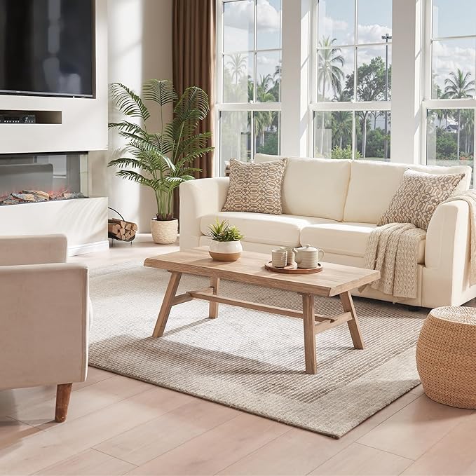 Wnutrees 43" Farmhouse Solid Wood Coffee Table, Rustic Rectangular Center Table for Living Room, Natural