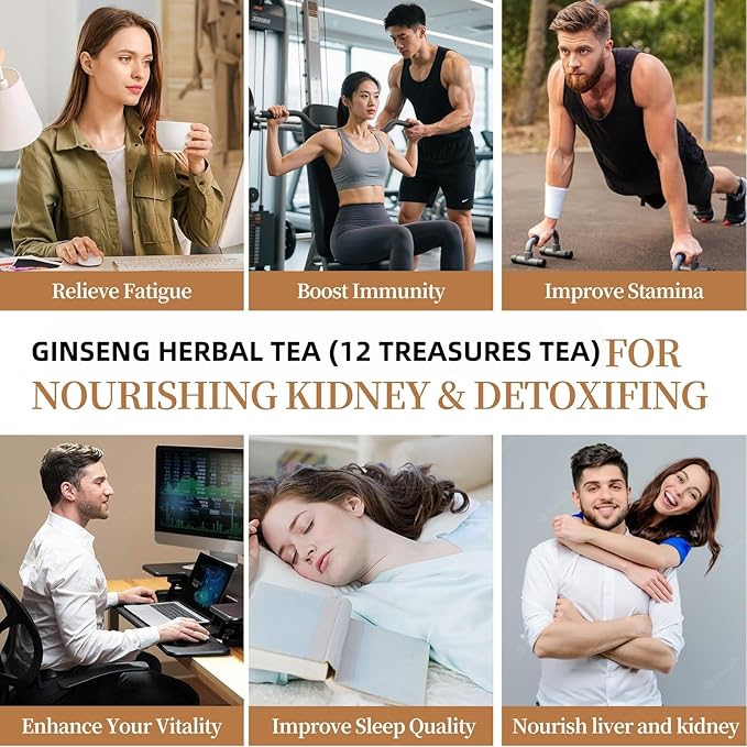 Premium Ginseng Tea - Natural Organic Kidney and Liver Detox Tea - 12 Herbal Blend with Goji Berry，Jujube, Longan, Mulberry & Maca - Caffeine & Sugar Free - 25 Individually Wrapped Pyramid Large Tea Bags (250g)